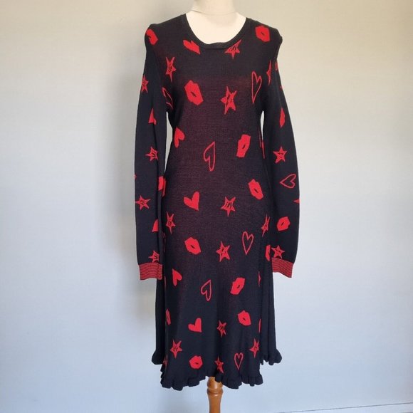 Hi There Karen Walker Black & Red Heart & Lip Print Knit Dress Size S - Picture 2 of 7